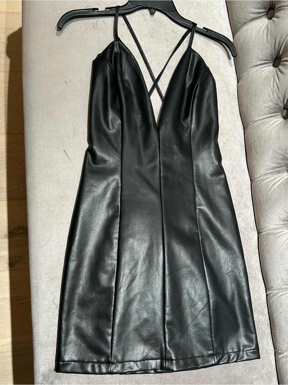 Black Faux Leather Deep V Mini Dress